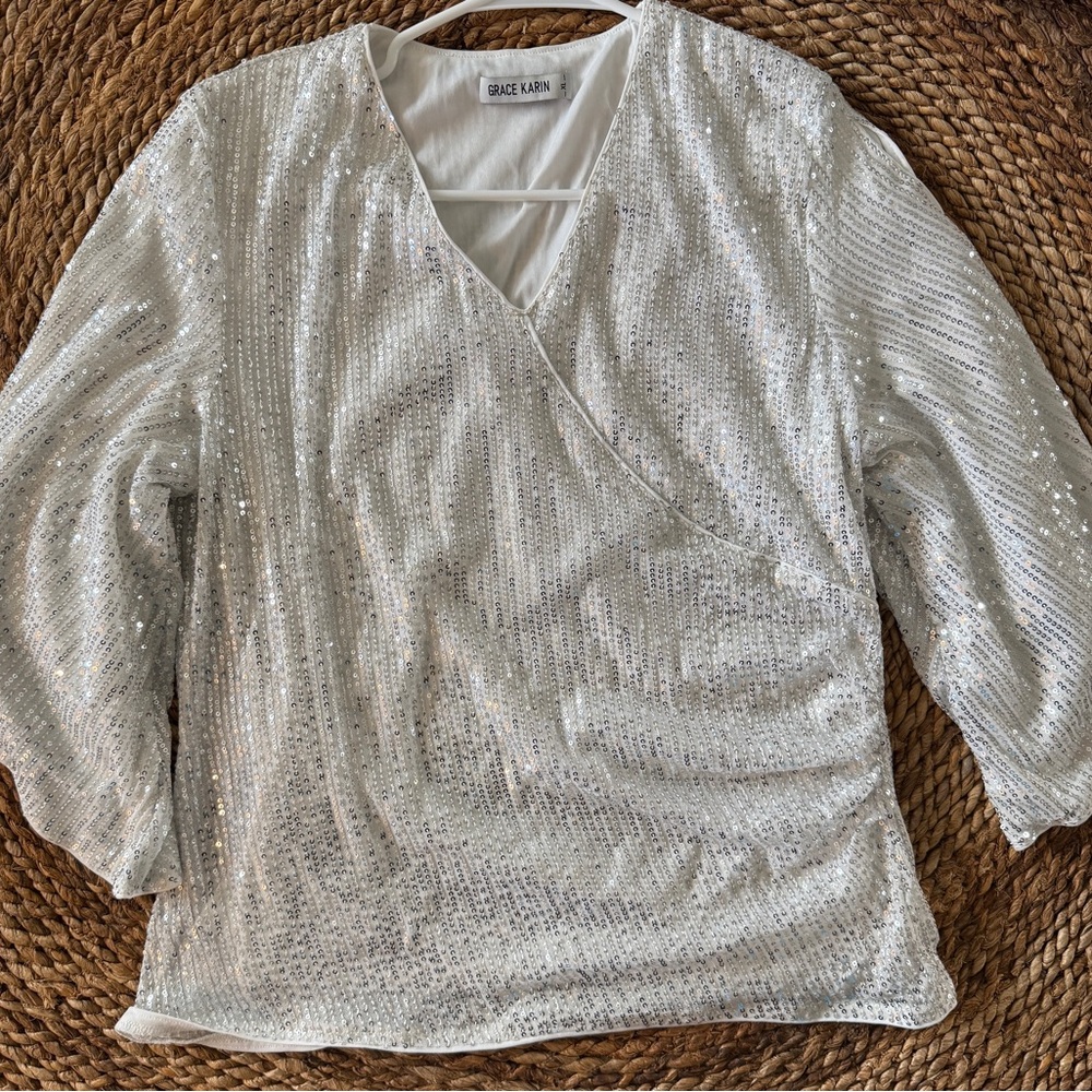 Grace Karin Women's Shimmering Sequin Silver Blouse, Split Bell Sleeve, XL